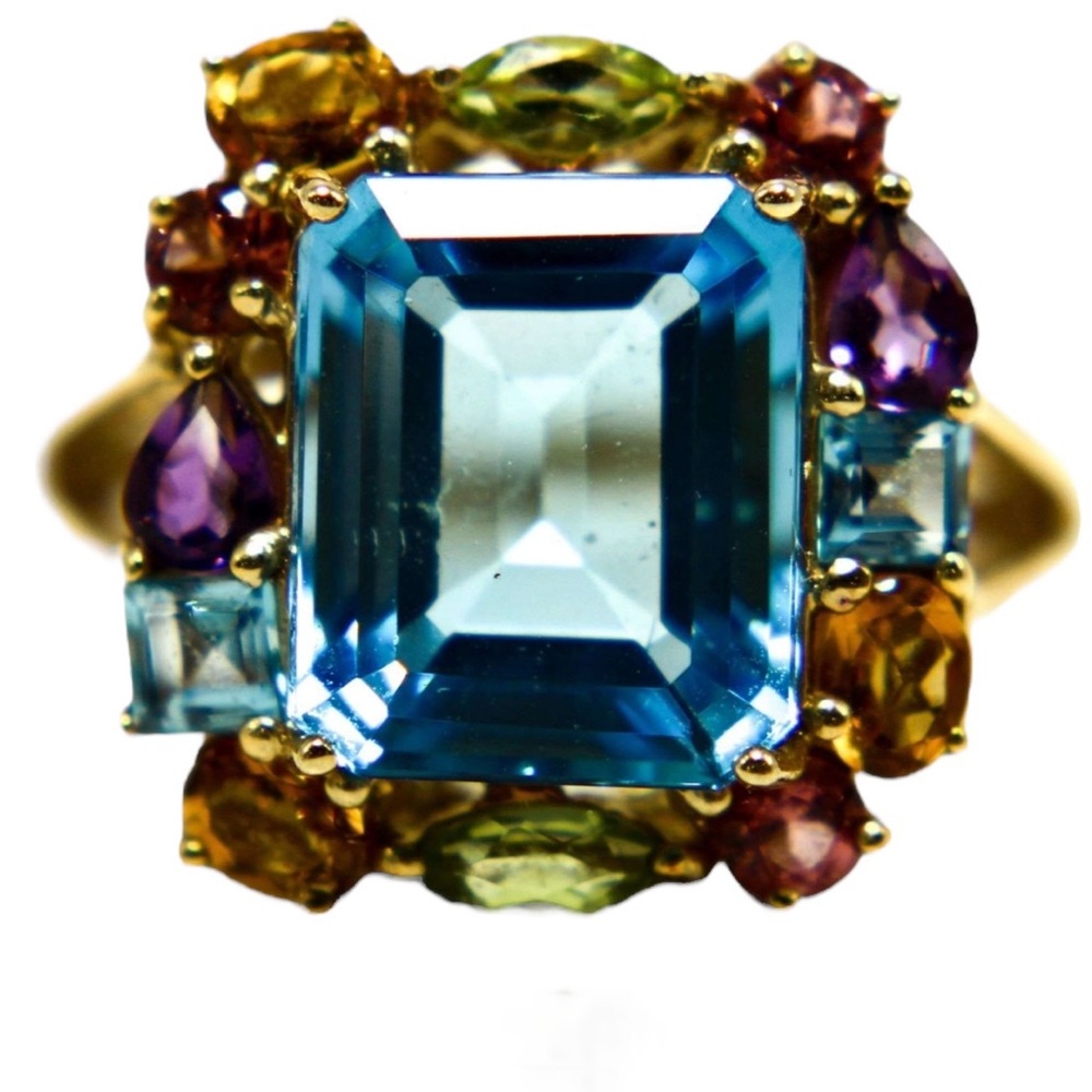 Vintage 10K Gold Blue Topaz Ring Multicolor Gemstone Halo | SLV is maker’s mark